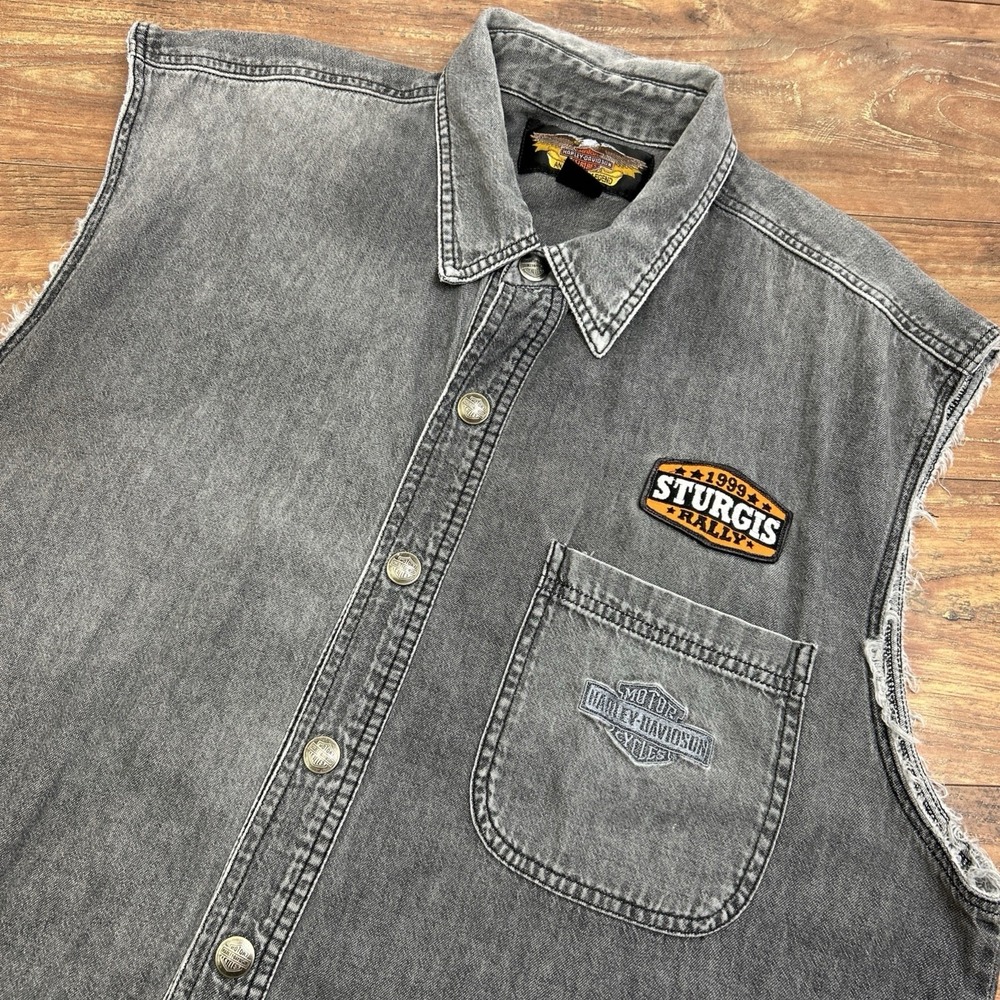 VTG Harley Davidson Vest Large Gray‎ Button Snap Biker Trucker Grunge Y2K Vest